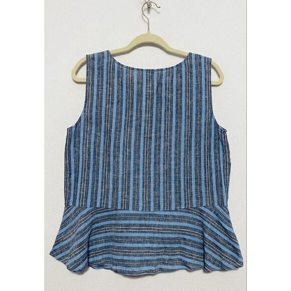 Talbots Womens Striped Sleeveless Top Peplum Hem Blue Linen Blend Boho Medium - Picture 4 of 7